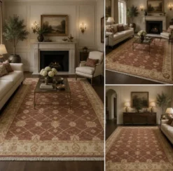 Tapis Ziegler indien, grand tapis en laine rouille noué à la main, tapis de salon