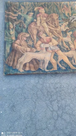 Toile de jute peinte scène de chasse médiéval vers 1950 par André Pierre BOURBIOUX dit 