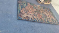 Toile de jute peinte scène de chasse médiéval vers 1950 par André Pierre BOURBIOUX dit 