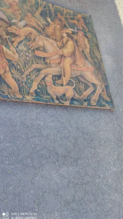 Toile de jute peinte scène de chasse médiéval vers 1950 par André Pierre BOURBIOUX dit 