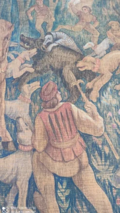 Toile de jute peinte scène de chasse médiéval vers 1950 par André Pierre BOURBIOUX dit 