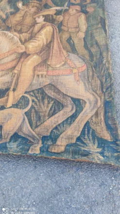 Toile de jute peinte scène de chasse médiéval vers 1950 par André Pierre BOURBIOUX dit 