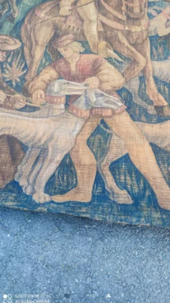 Toile de jute peinte scène de chasse médiéval vers 1950 par André Pierre BOURBIOUX dit 