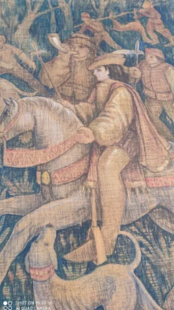 Toile de jute peinte scène de chasse médiéval vers 1950 par André Pierre BOURBIOUX dit 