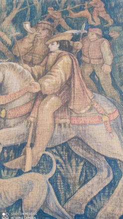 Toile de jute peinte scène de chasse médiéval vers 1950 par André Pierre BOURBIOUX dit 