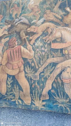 Toile de jute peinte scène de chasse médiéval vers 1950 par André Pierre BOURBIOUX dit 