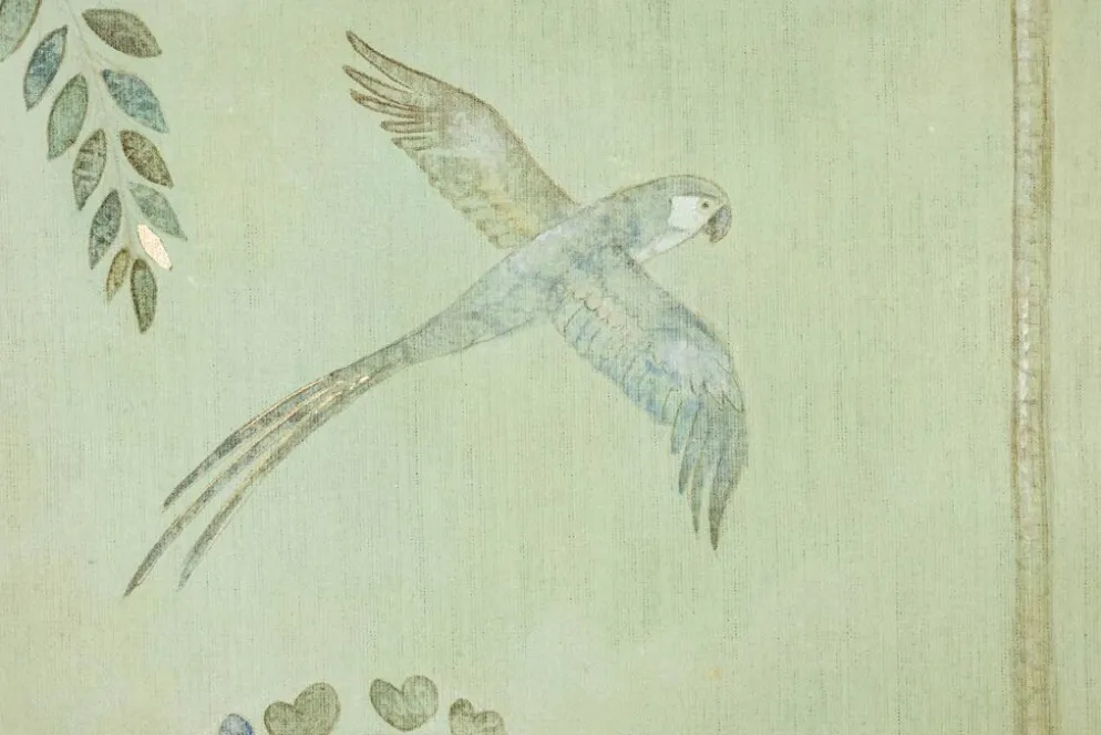 Toile peinte, ou panneau décoratif, Perroquets et feuillages. Contemporain.