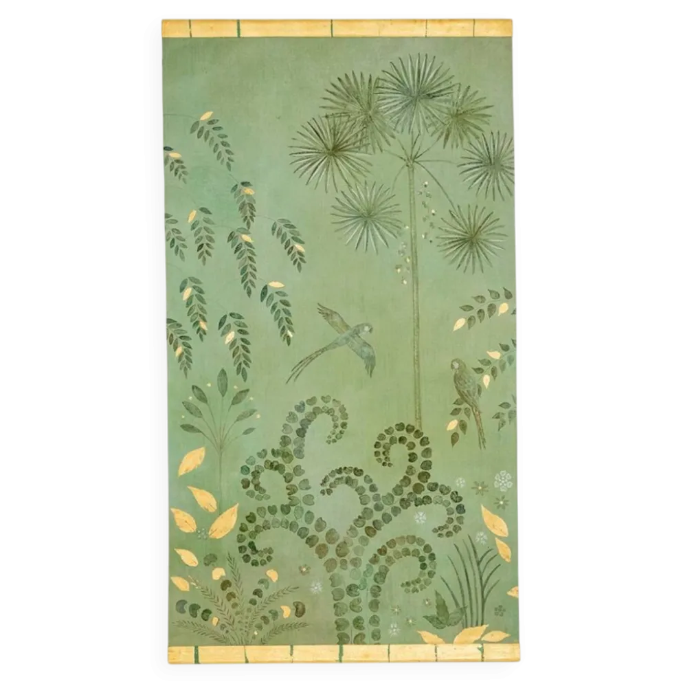 Toile peinte, ou panneau décoratif, Perroquets et feuillages. Contemporain.
