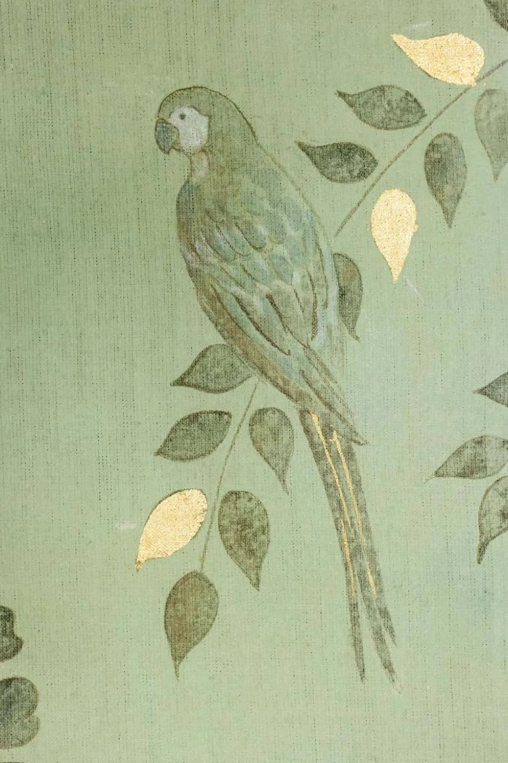 Toile peinte, ou panneau décoratif, Perroquets et feuillages. Contemporain.