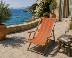 Transat chilienne ancienne toile rayée orange et gris patine d'origine