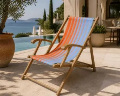 Transat chilienne ancienne toile rayée orange & bleu patine d'origine