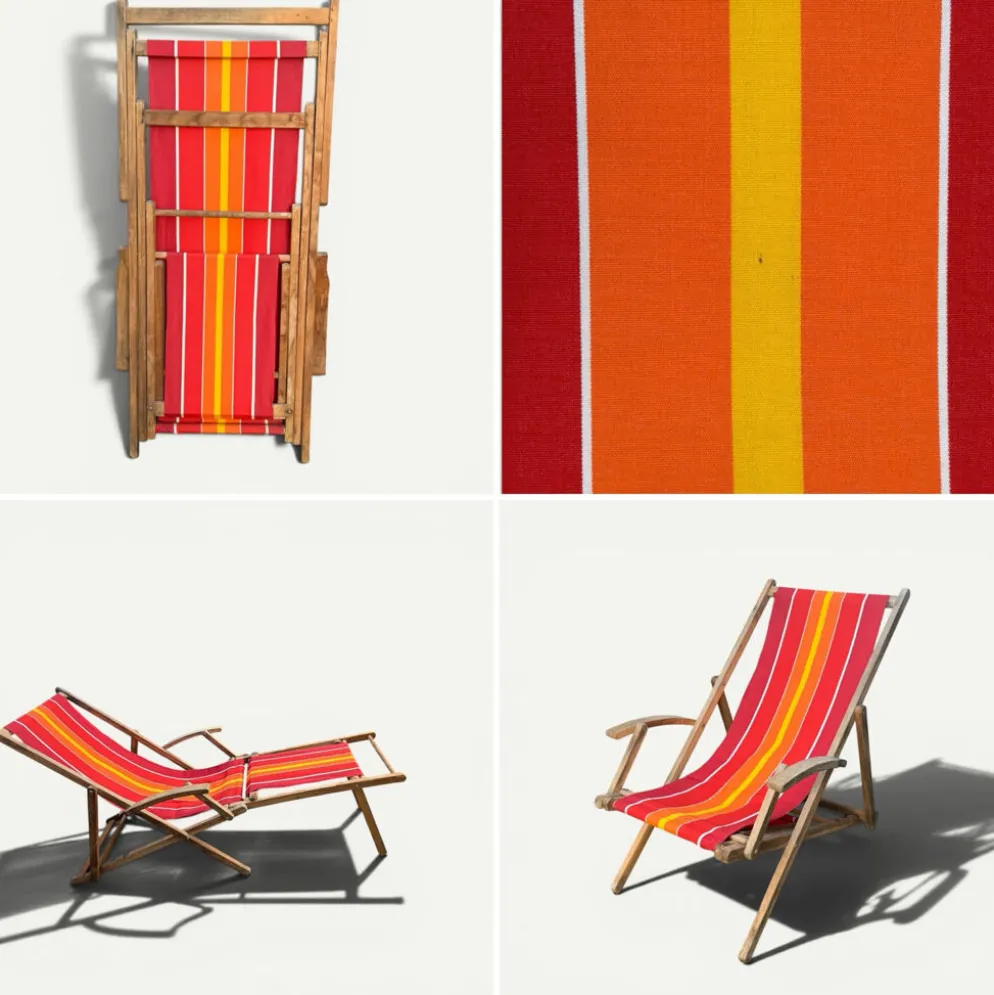Transat chilienne ancienne toile rayée rouge orange patine d'origine
