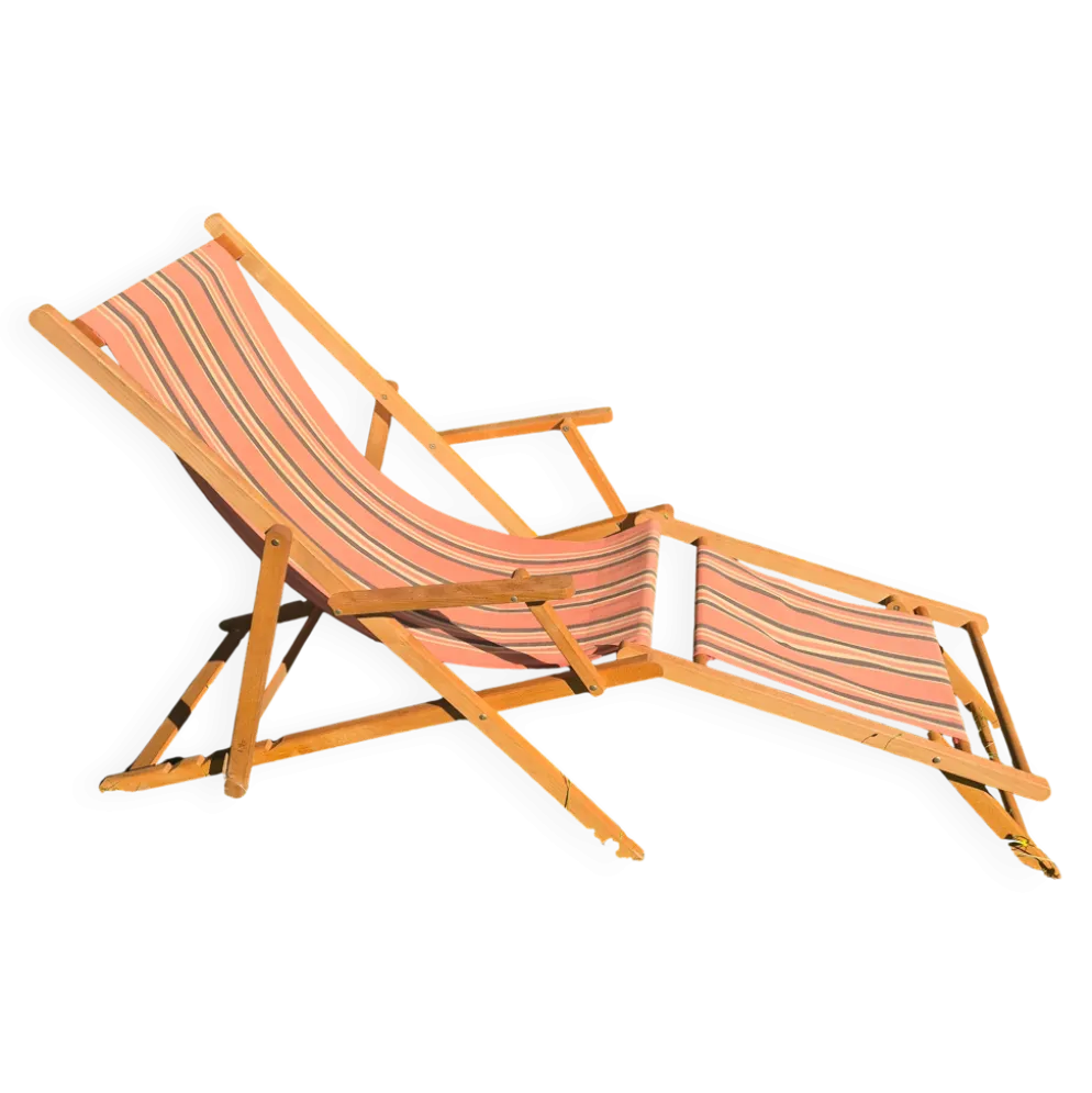 transat chilienne vintage bois et toile a rayures avec repose pied