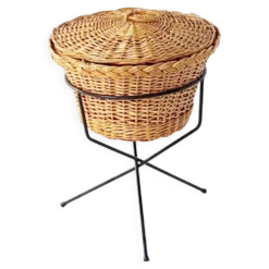 Travailleuse boite a couture tripode osier acier 1950 vintage 50s rockabill