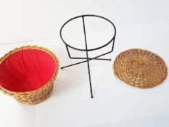 Travailleuse boite a couture tripode osier acier 1950 vintage 50s rockabill