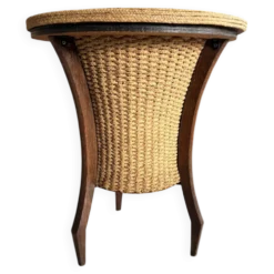 Travailleuse vintage tripode en osier et bois, esprit années 60