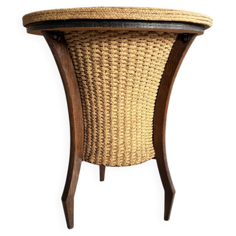 Travailleuse vintage tripode en osier et bois, esprit années 60