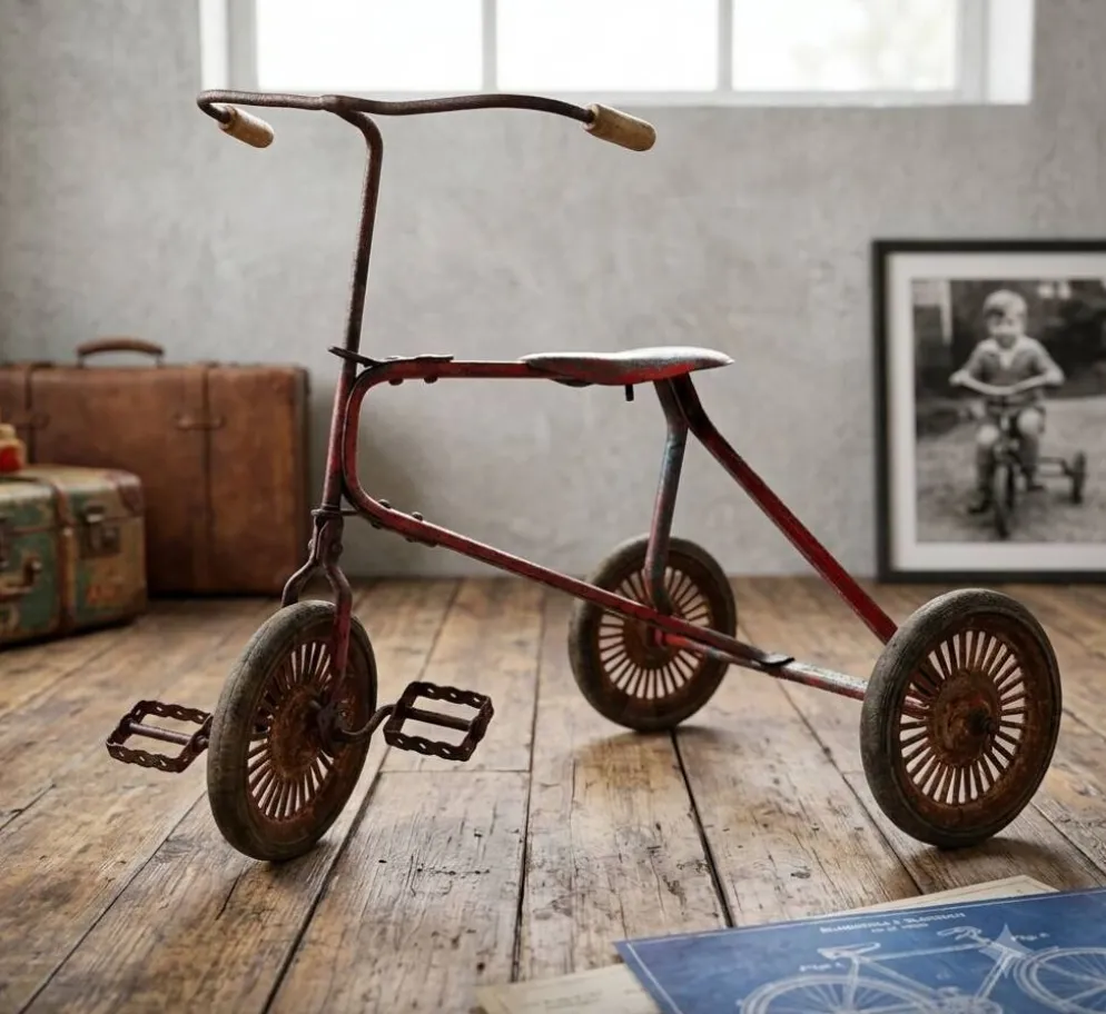 Tricycle enfant métal riveté 1920 • Style urbex