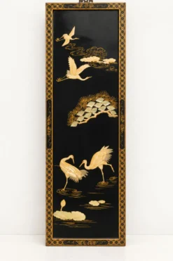 Triptyque chinois vintage en laque noire et nacre – décor de grues