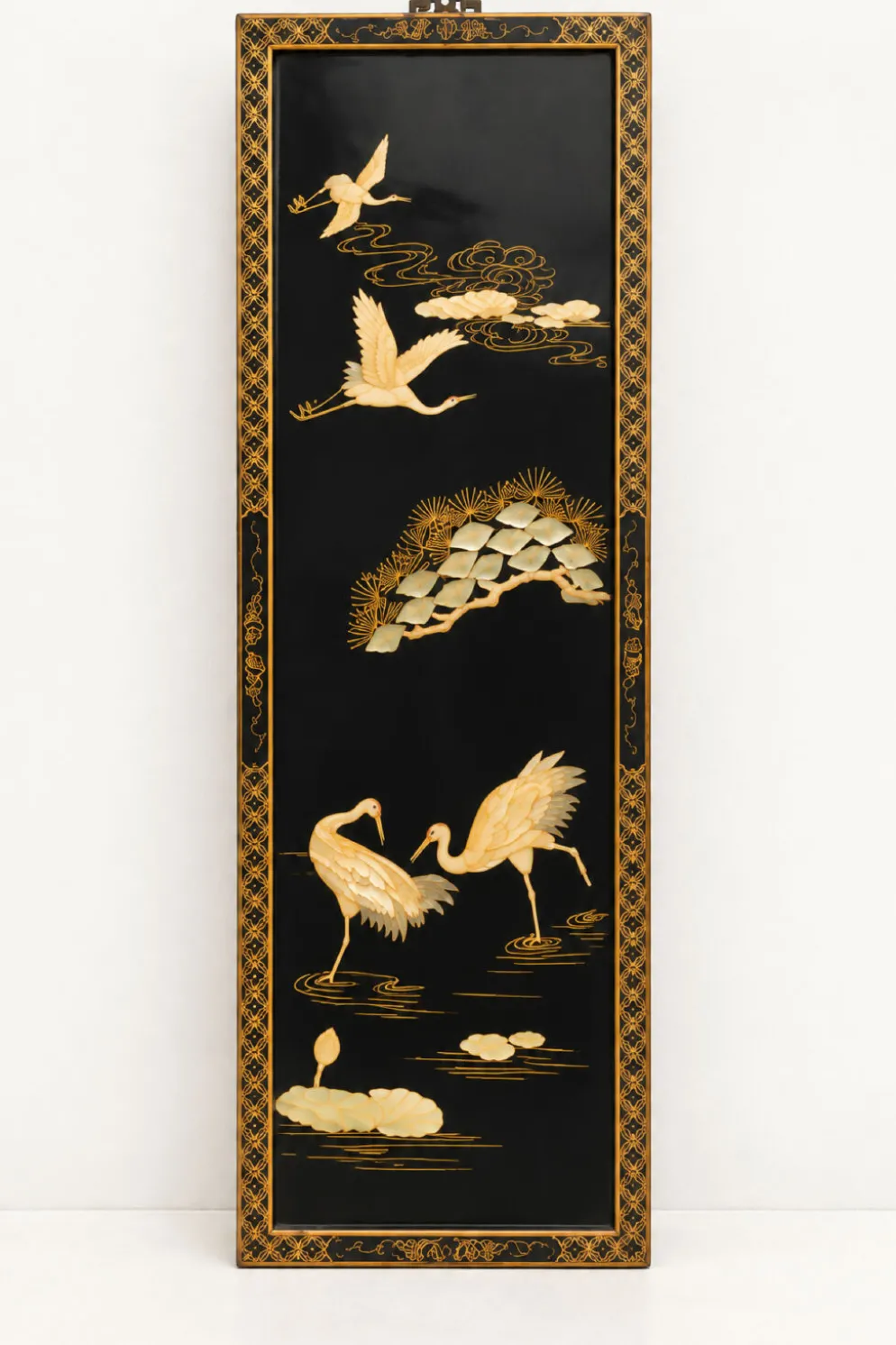 Triptyque chinois vintage en laque noire et nacre – décor de grues