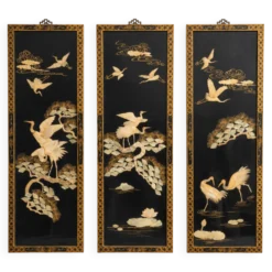 Triptyque chinois vintage en laque noire et nacre – décor de grues