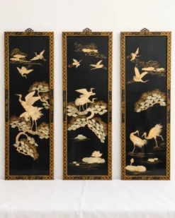 Triptyque chinois vintage en laque noire et nacre – décor de grues