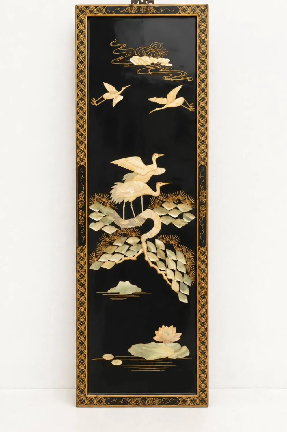 Triptyque chinois vintage en laque noire et nacre – décor de grues