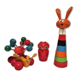 Trois jouets bois chouette escargot lapin design vintage fmf kouvalias