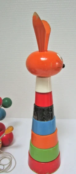Trois jouets bois chouette escargot lapin design vintage fmf kouvalias
