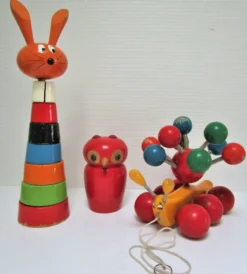 Trois jouets bois chouette escargot lapin design vintage fmf kouvalias