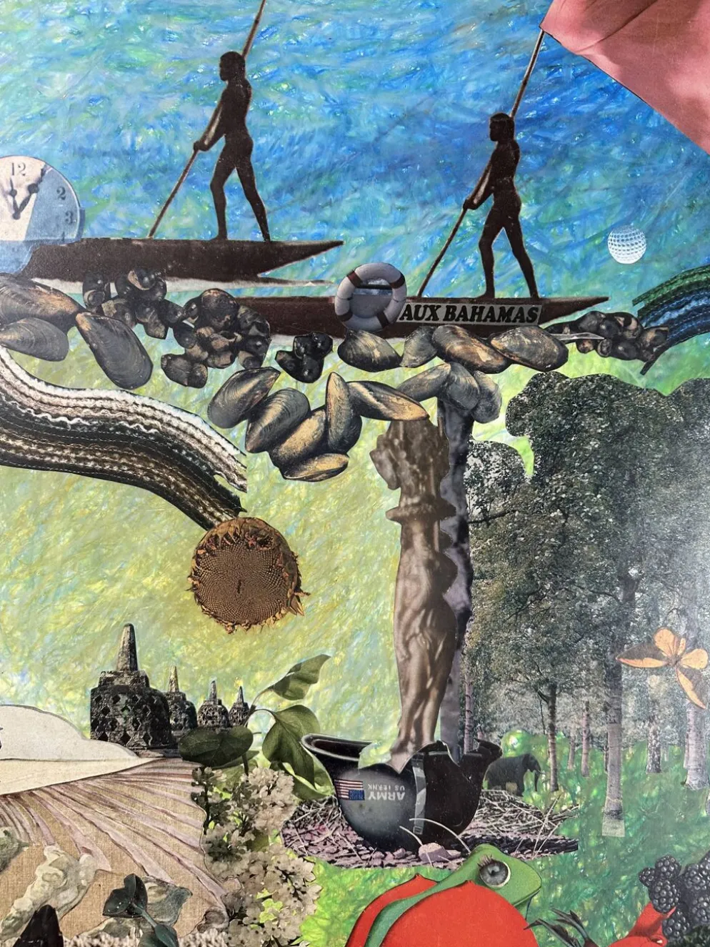 Très grand collage surréaliste encadré d’Alain Gaudet 1979