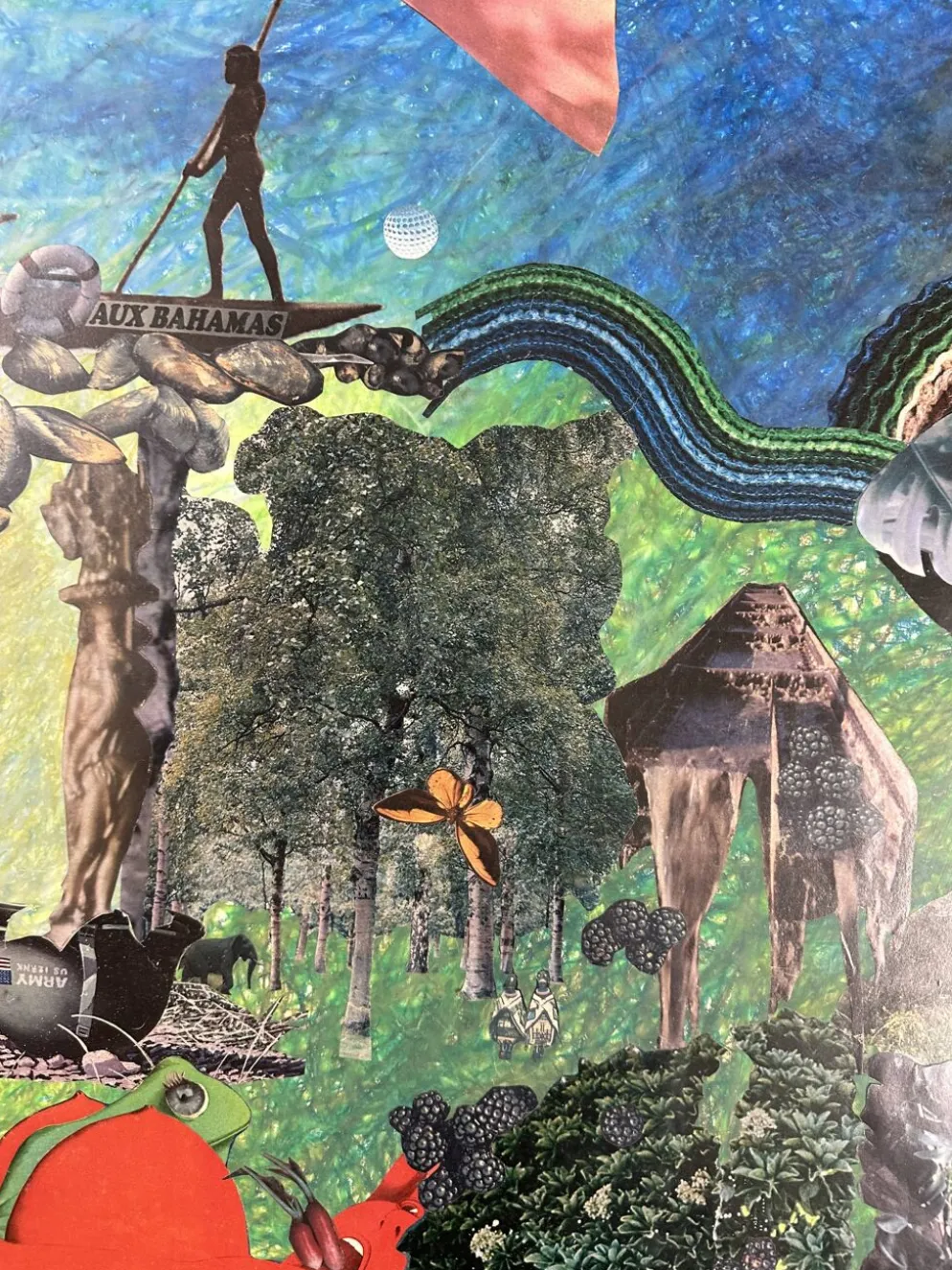 Très grand collage surréaliste encadré d’Alain Gaudet 1979