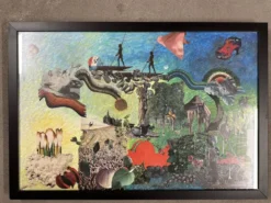 Très grand collage surréaliste encadré d’Alain Gaudet 1979