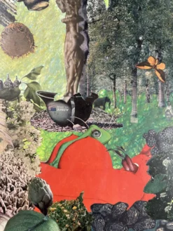 Très grand collage surréaliste encadré d’Alain Gaudet 1979