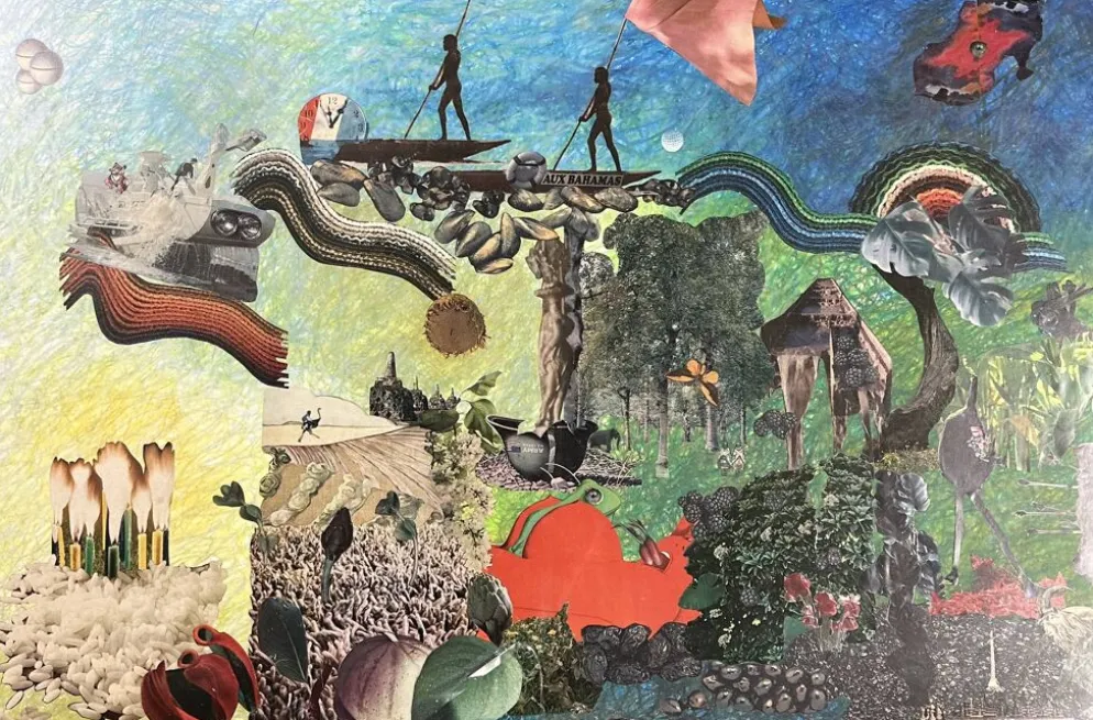 Très grand collage surréaliste encadré d’Alain Gaudet 1979