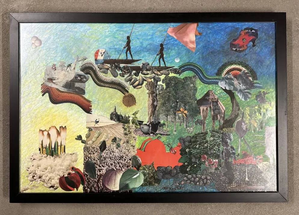 Très grand collage surréaliste encadré d’Alain Gaudet 1979