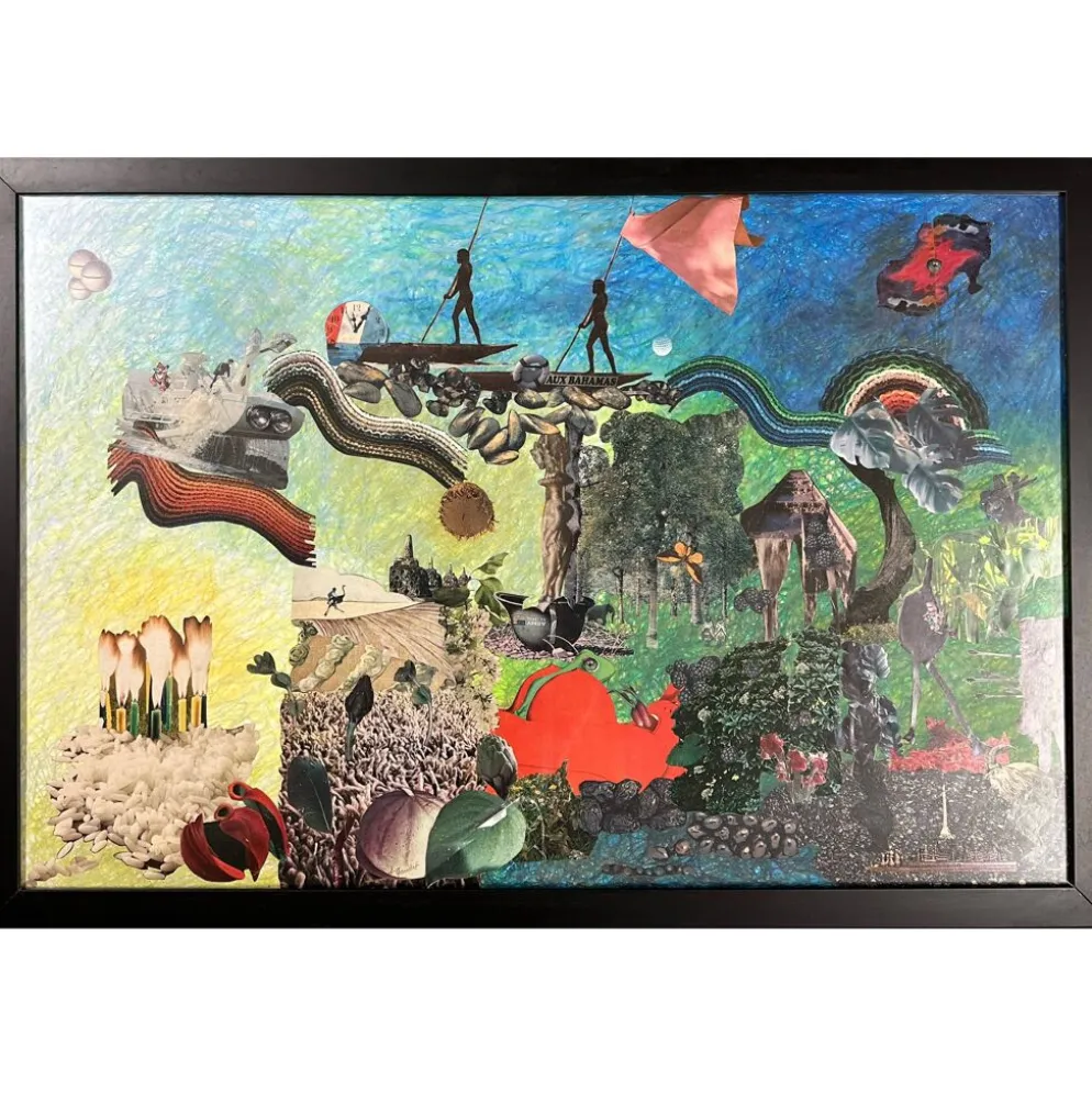 Très grand collage surréaliste encadré d’Alain Gaudet 1979