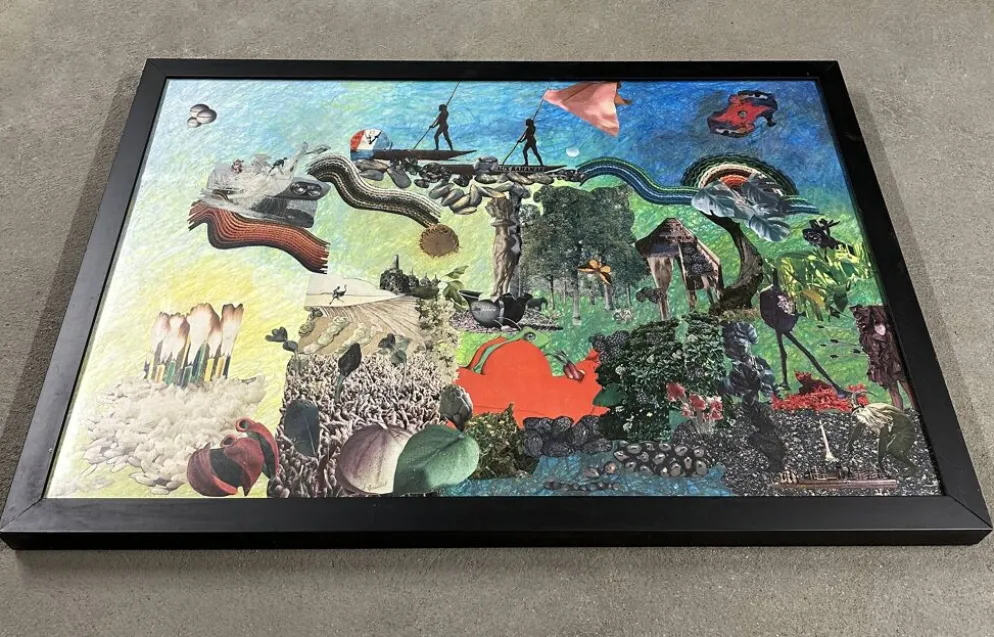 Très grand collage surréaliste encadré d’Alain Gaudet 1979