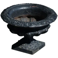 Urne de jardin ancienne en fonte française avec bordure décorative, début du 20e siècle