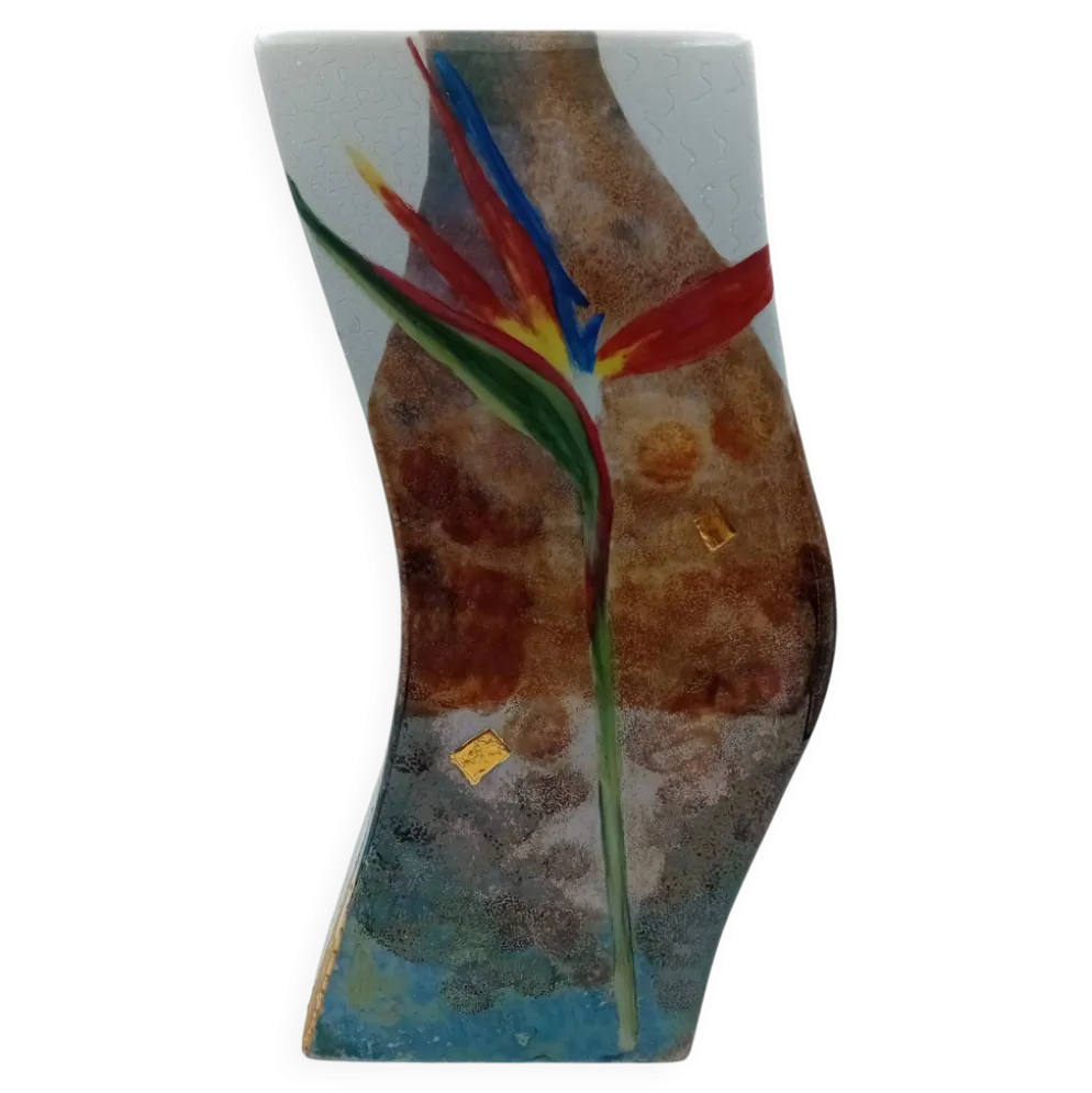 Vase en porcelaine d'art fait main signé J. Rozio – Décor Oiseau de Paradis