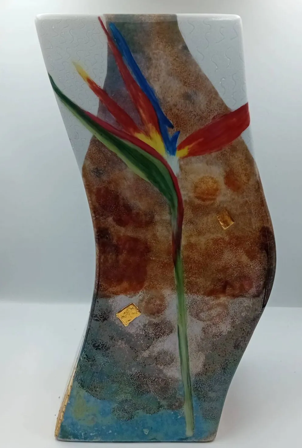 Vase en porcelaine d'art fait main signé J. Rozio – Décor Oiseau de Paradis