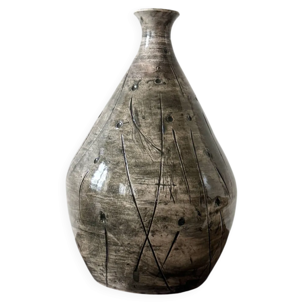 Vase japandi en céramique émaillée et incisée signé au tampon