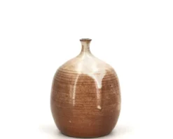Vase ovoïde à petit col en céramique marron beige et coulures blanches