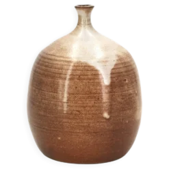 Vase ovoïde à petit col en céramique marron beige et coulures blanches
