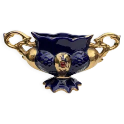 Vase urne jardinière bleu cobalt plaqué or vintage Italie