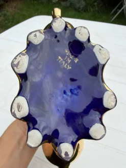 Vase urne jardinière bleu cobalt plaqué or vintage Italie