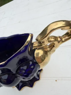 Vase urne jardinière bleu cobalt plaqué or vintage Italie