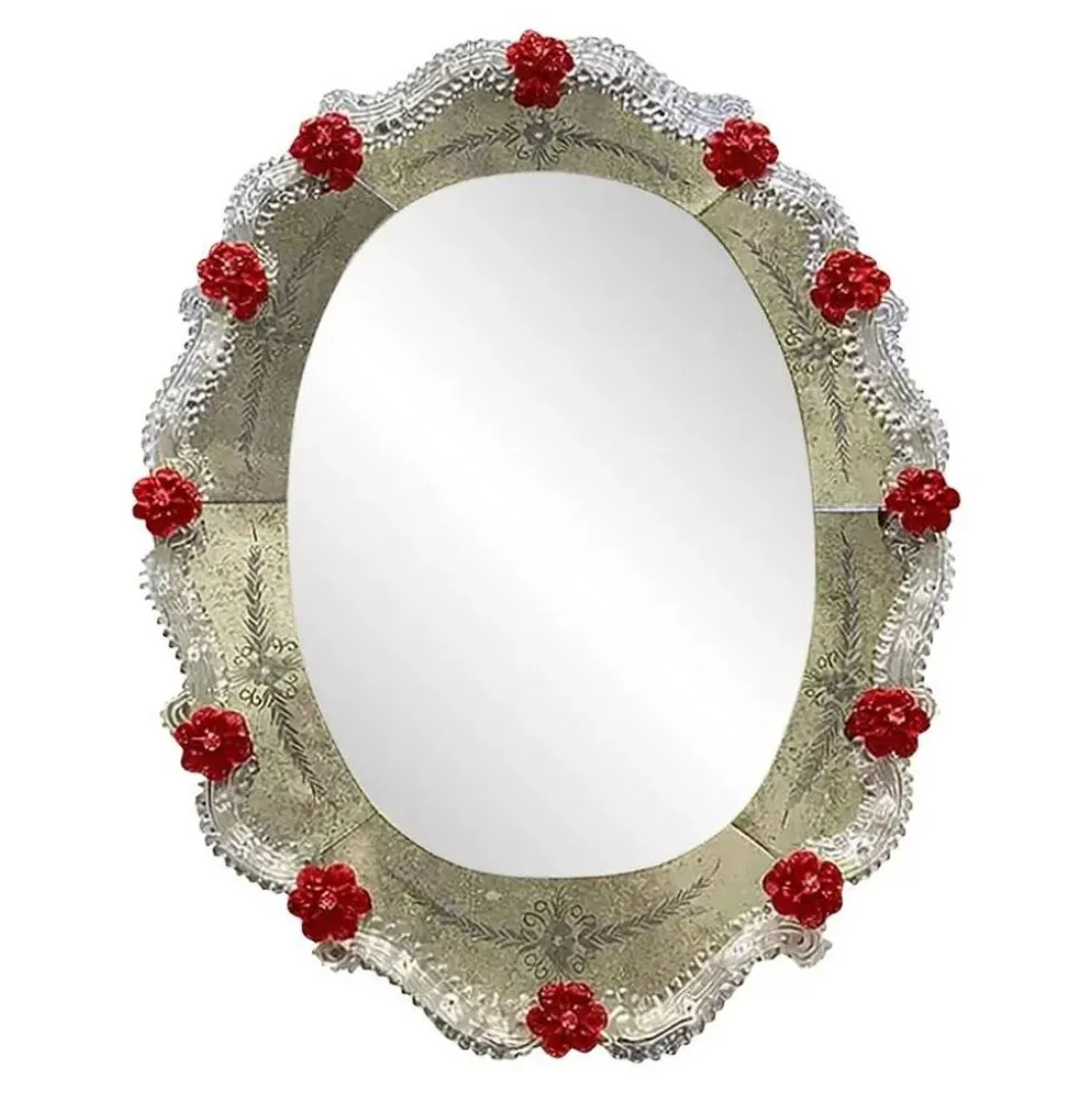 Venetian Murano Glass Oval Red Floral Wall Mirror – Hand-Carved Italian Art