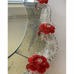 Venetian Murano Glass Oval Red Floral Wall Mirror – Hand-Carved Italian Art