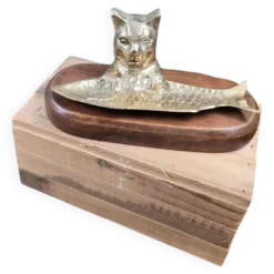 Vide-poche vintage chat poisson en laiton sur socle bois massif